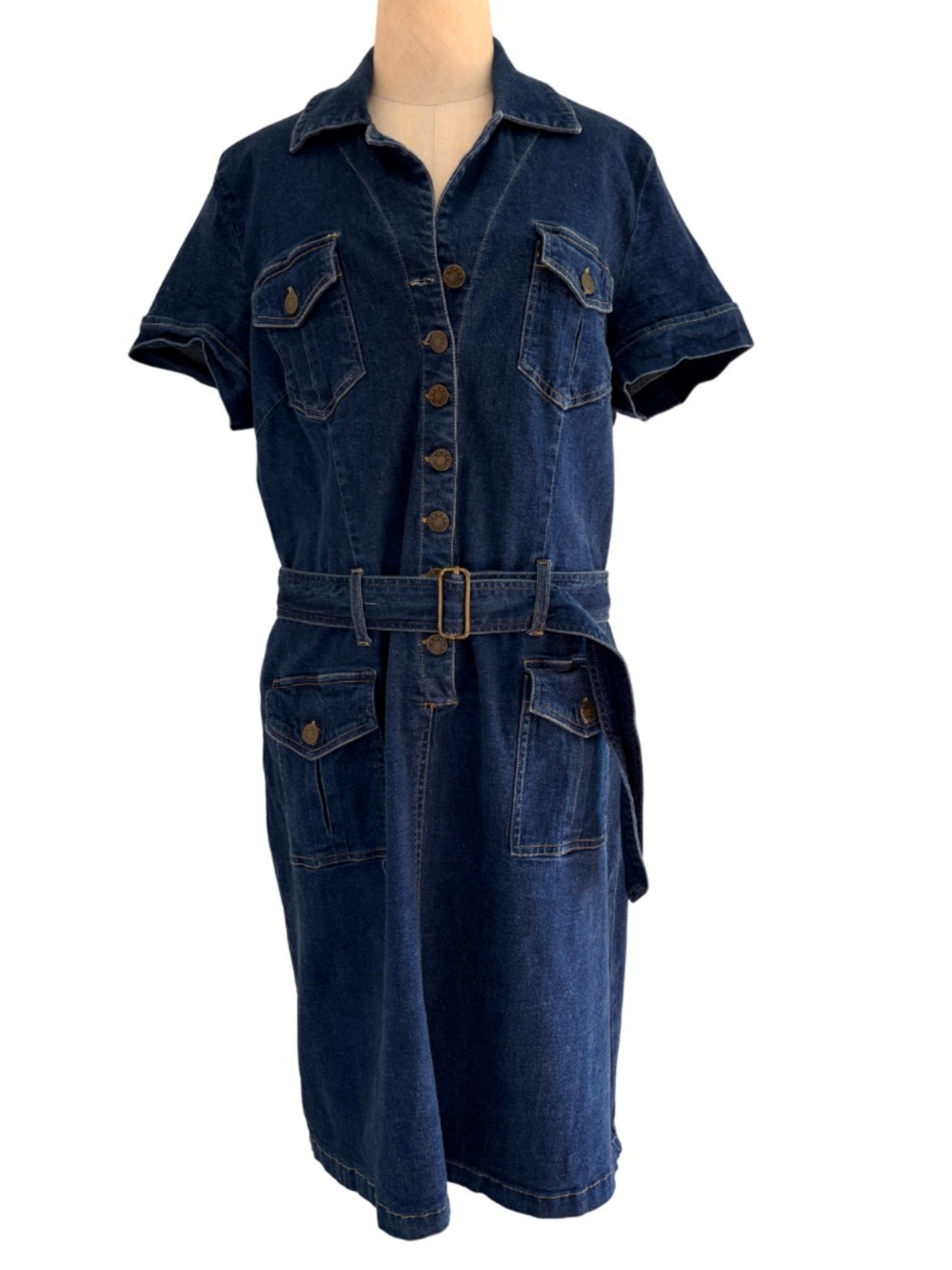 VTG y2k Cotton Dark Blue Denim Brass Button Belted Shirt Dress Short Sleeve 1X